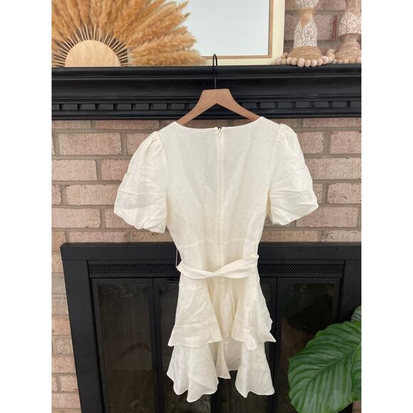 Ever New White Linen Puff Sleeve Tiered Mini Dress Size 4 Tie Waist Romantic - Picture 10 of 11